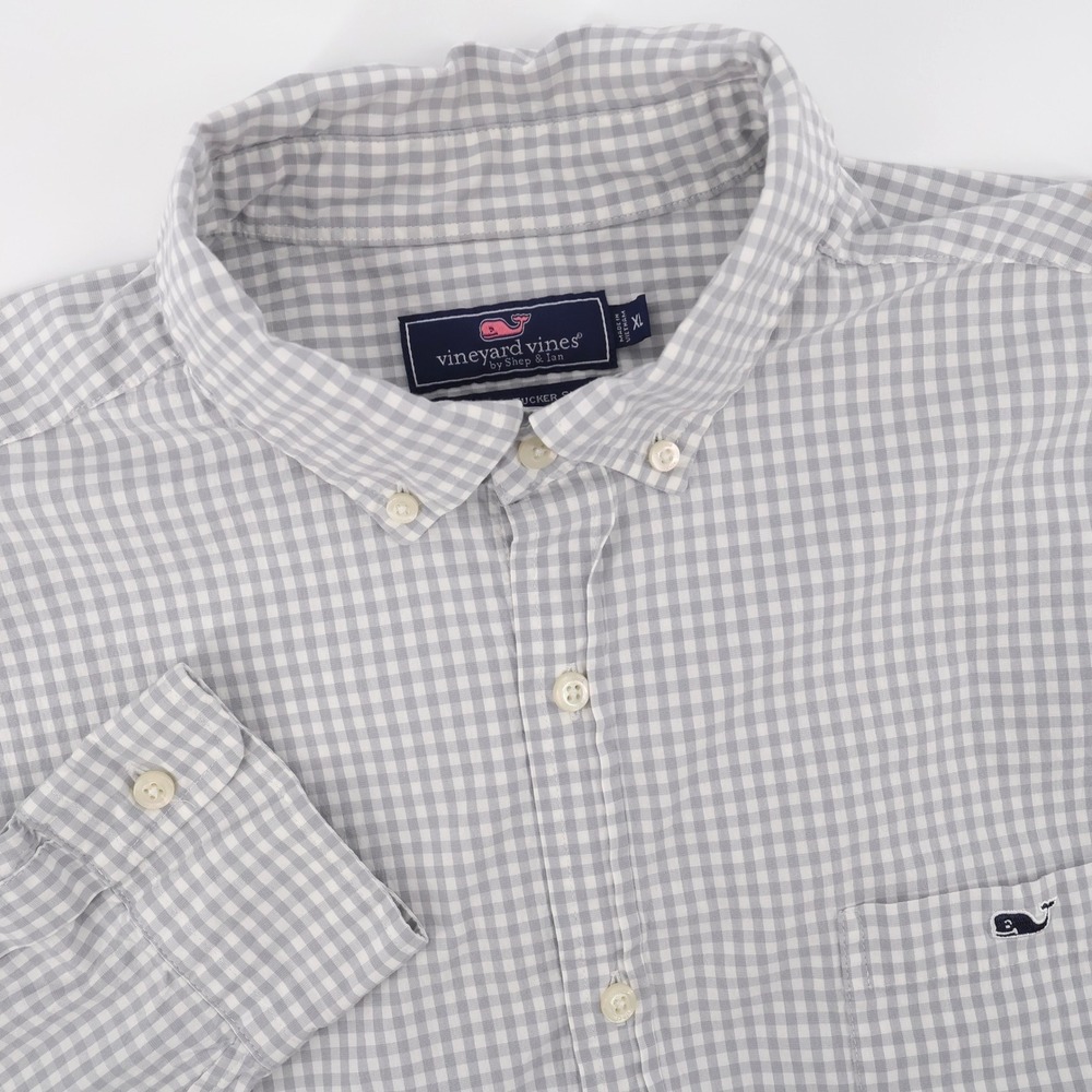 Vineyard Vines Gingham Classic Fit Tucker Stretch Shirt Grey Long Sleeve Mens XL
